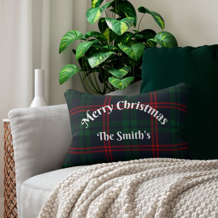 Personalized Merry Christmas Lumbar Pillow Tartan Plaid Custom
