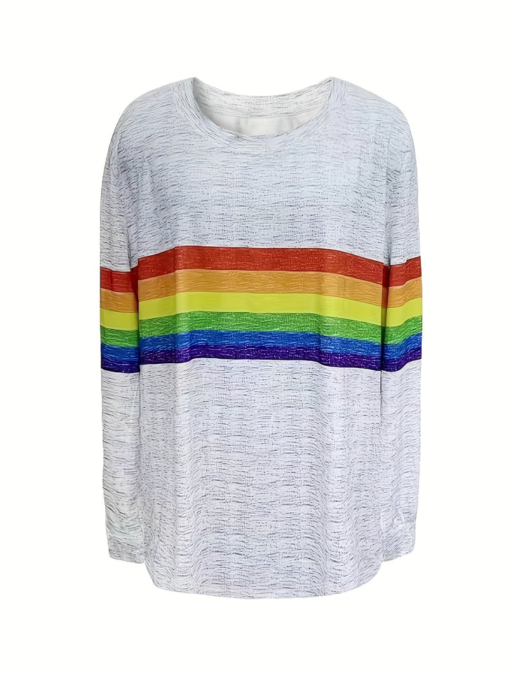 Plus Size Rainbow Stripe Print Long Sleeve T-shirt