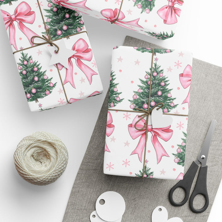 Festive Christmas Wrapping Paper with Pink Bows and Wreaths