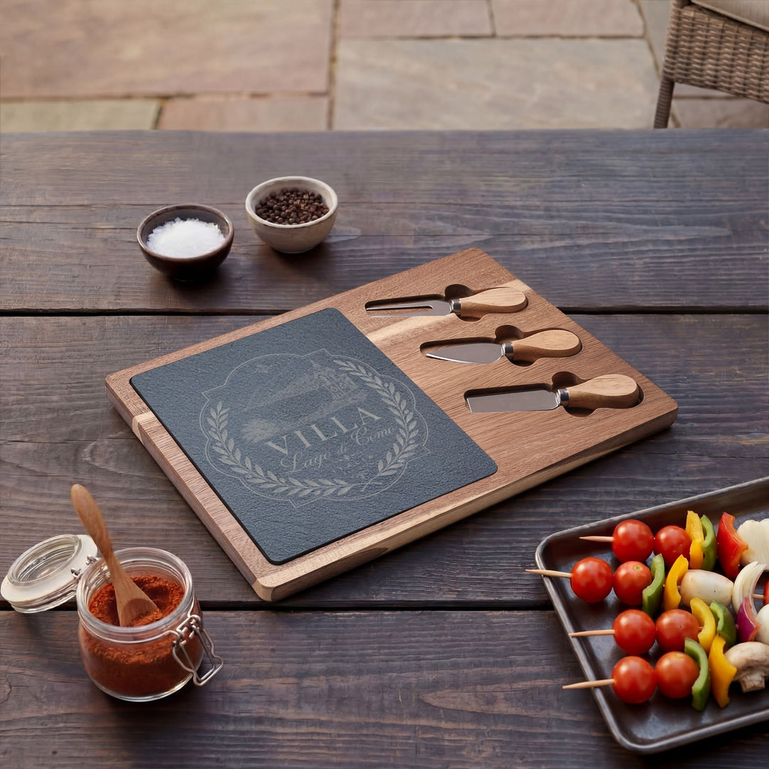 Villa Lago di Como Engraved Charcuterie Board Set Design with Slate Insert & Cheese Knives