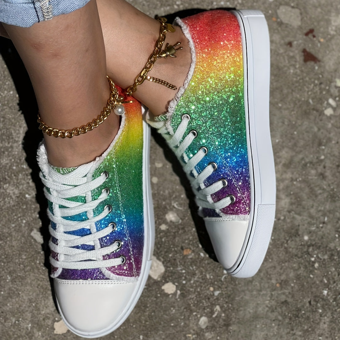Women's Glitter Rainbow Print Canvas Shoes, Stylish Lace Up Outdoor Shoes, Comfortable Low Top Sneakers