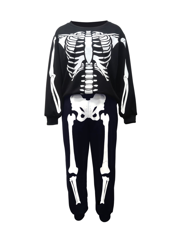 Skeleton Print Two-piece Set, Casual Long Sleeve Sweatshirt & Elastic Waist Jogger Pants Outfits, Women's Clothing