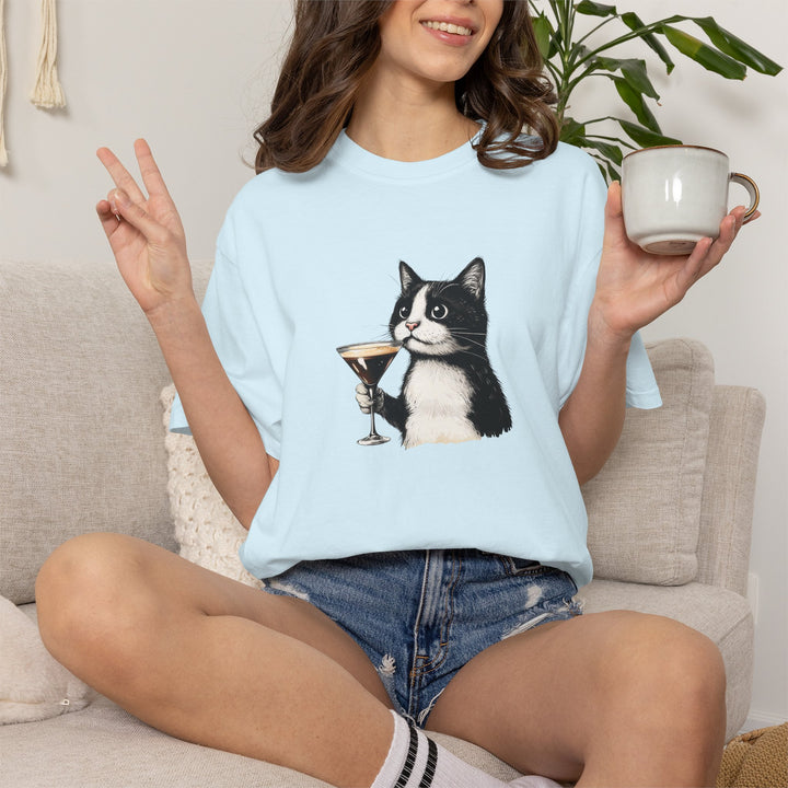 Cat with Cocktail TShirt Tuxedo Cat Drinking Martini Cute Graphic Tee