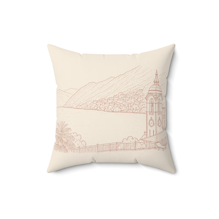 Villa Lago di Como Lakefront Sketch Faux Suede Pillow Coastal Charm Square Throw Pillow