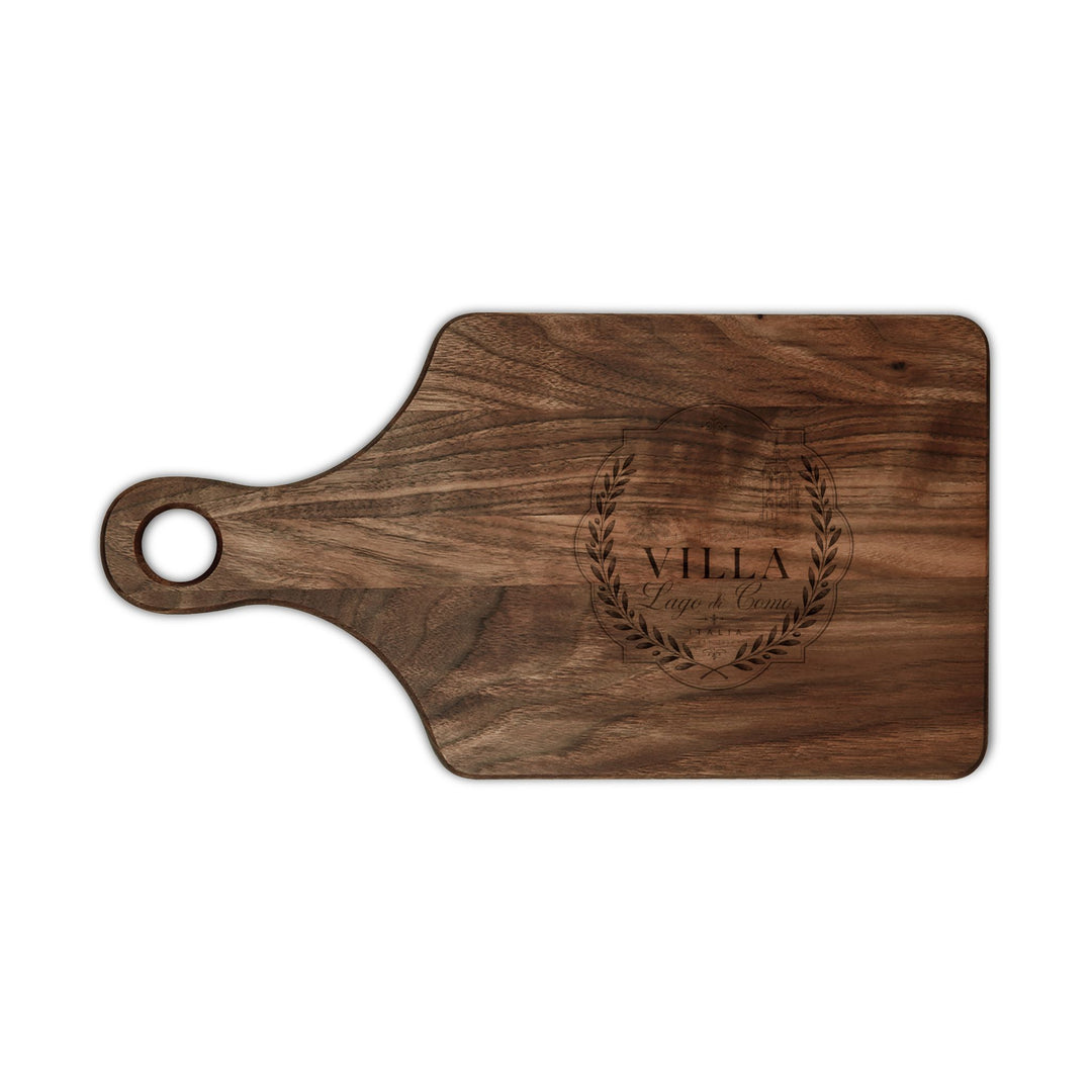 Engraved Villa Wreath Wooden Cutting Board — Personalized Kitchen Serving Board