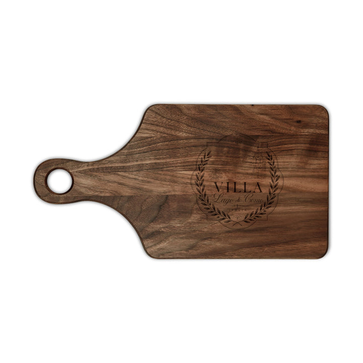 Engraved Villa Wreath Wooden Cutting Board — Personalized Kitchen Serving Board
