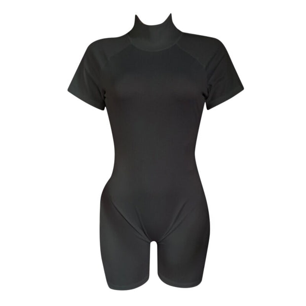 Fitness Women Streetwear Neon Bodysuit Women Mock Neck Short Sleeve Casual Playsuit High Elastic Sexy Tight Sports Overalls