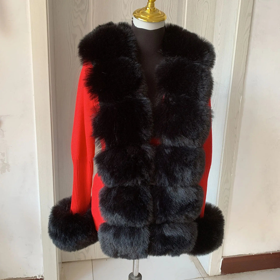 Apres Ski Faux Fox Fur Knit Sweater Cardigan ~11 Colorways