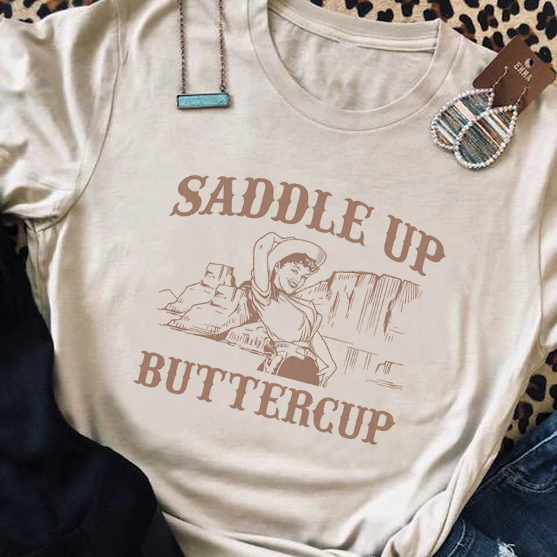 Saddle Up Buttercup Vintage Western Graphic T-Shirt For Women Cowgirl Cute Short Sleeve Country Tee Shirt Retro Boho Tshirt Tops