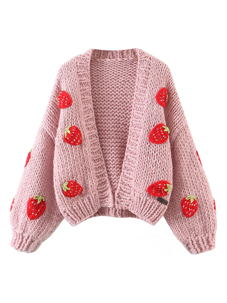 2022 Sweet 3D Fruit Strawberry Hand Made Ball Cardigan Pink Vintage Woman V neck Long sleeve Knitting Sweater Knitwear Jumper
