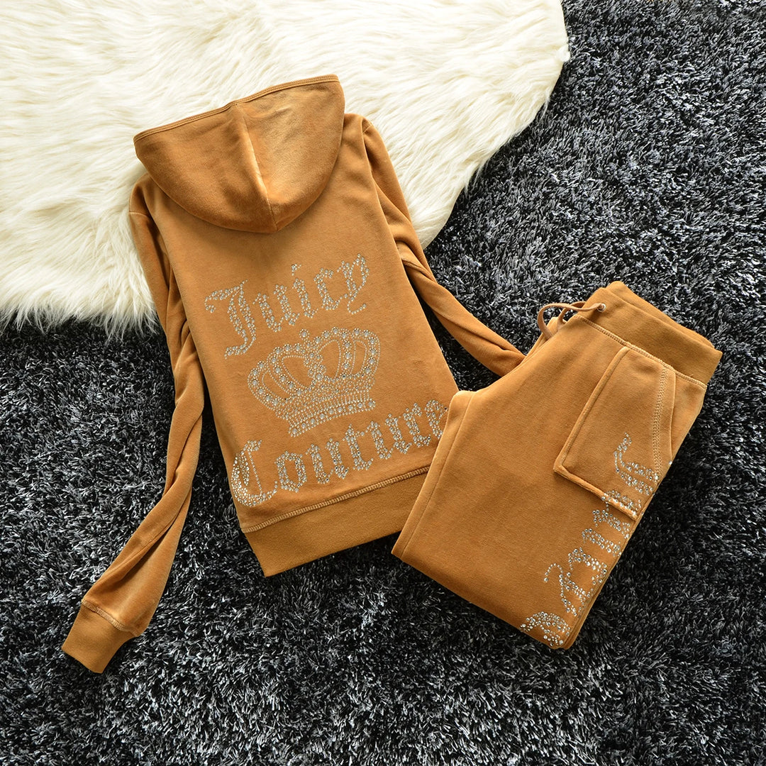 Juicy PEACH Coutoure Velvet 2pc 2023 NeW Street Fashion Ladies Trousers Set Hoodie Designer Rhinestone Pants 2-Piece Set