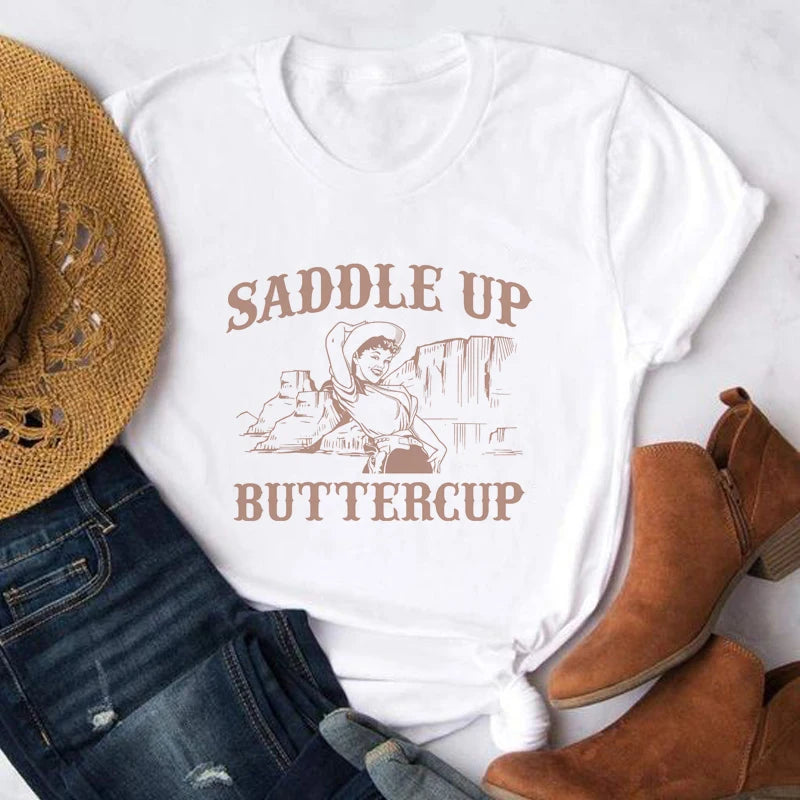 Saddle Up Buttercup Vintage Western Graphic T-Shirt For Women Cowgirl Cute Short Sleeve Country Tee Shirt Retro Boho Tshirt Tops