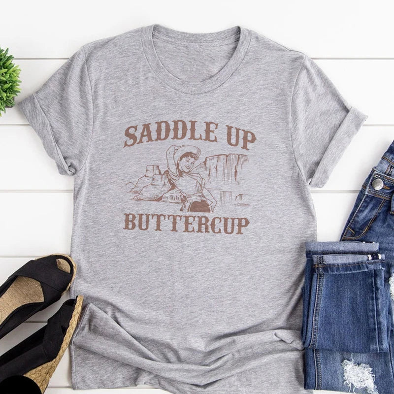Saddle Up Buttercup Vintage Western Graphic T-Shirt For Women Cowgirl Cute Short Sleeve Country Tee Shirt Retro Boho Tshirt Tops