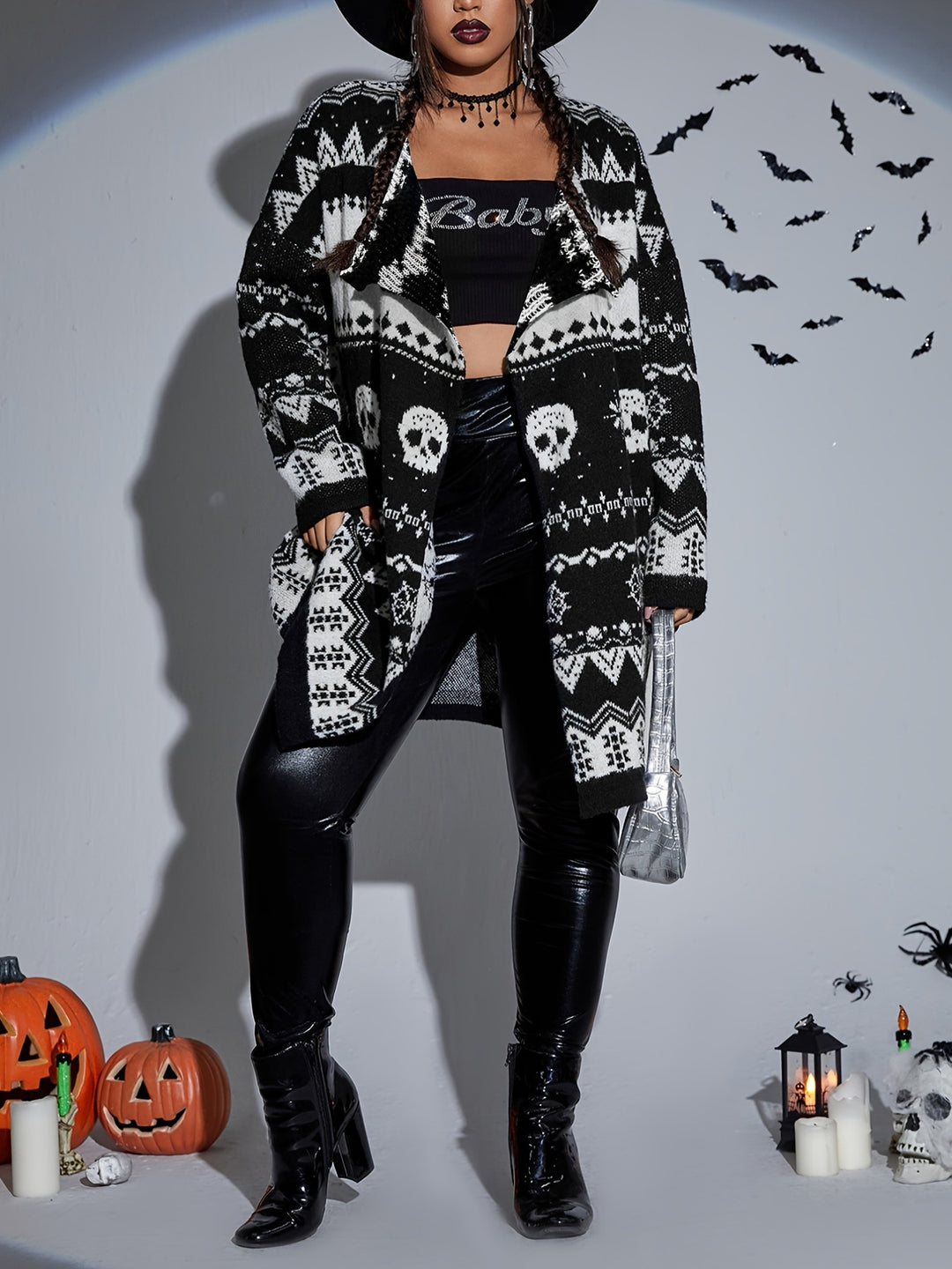 Plus Size Halloween Retro Cardigan, Women's Plus Skull & Bat Skeleton Long Sleeve Sweater Cardigan