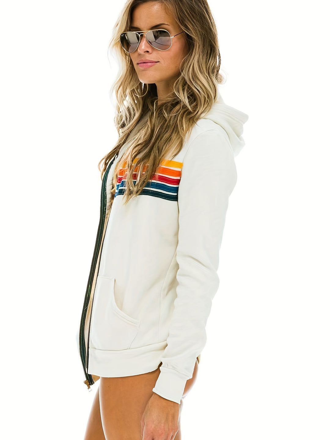 Rainbow Striped Zip Up Hoodie, Casual Long Sleeve Drawstring Hoodies Sweatshirt, Women's Clothing