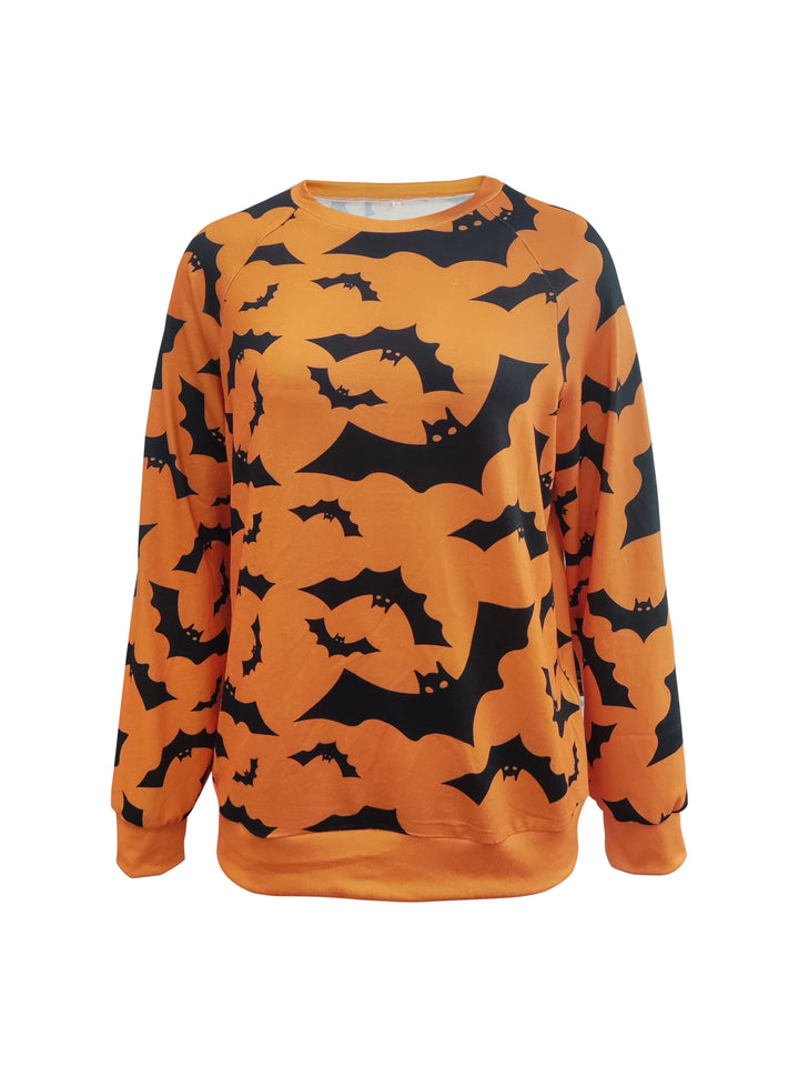 Bat Print Crew Neck T-Shirt, Casual Long Sleeve Top For Spring & Fall, Women's Clothing