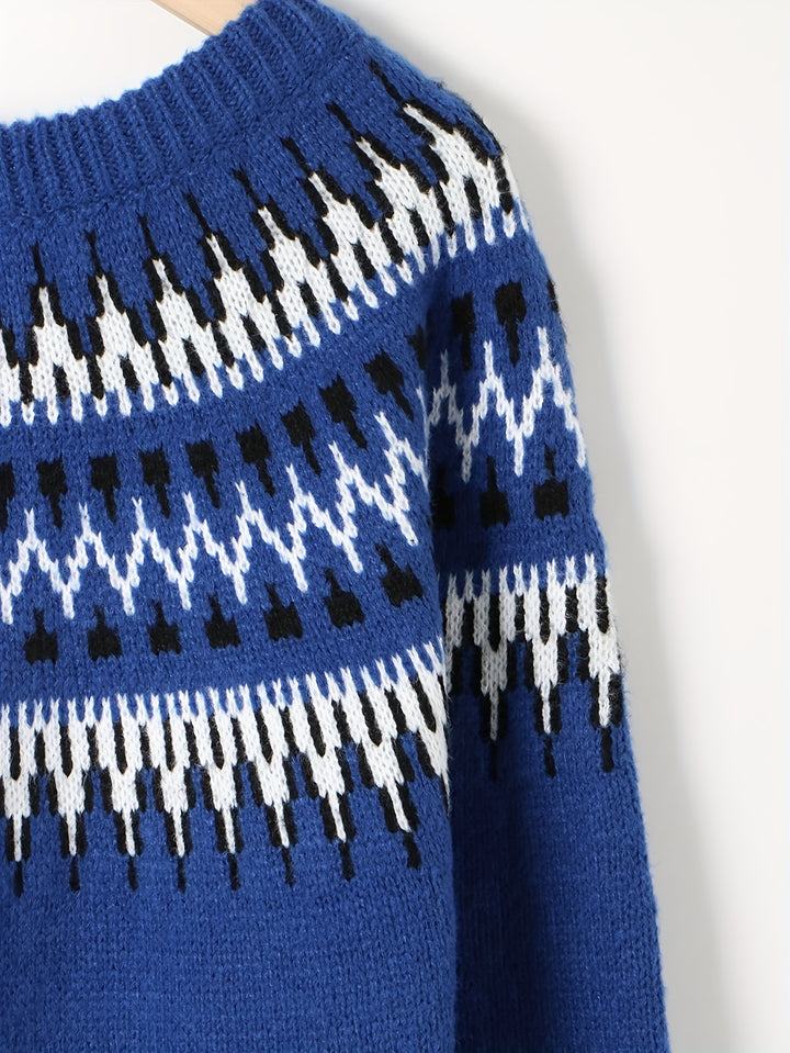 Cobalt Blue Fair Isle Crew Neck Pullover Sweater, Apres Ski Vintage Long Sleeve Fall Winter Sweater, Women's Clothing