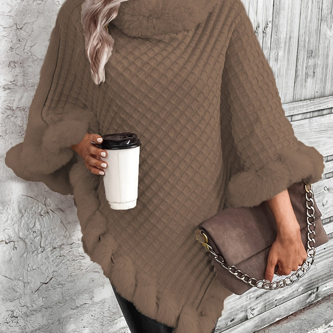 Fur-Trim Hanky Hem Pullover Sweater, Elegant Long Sleeve Turtle Neck Pancho For Winter, Women's Clothing