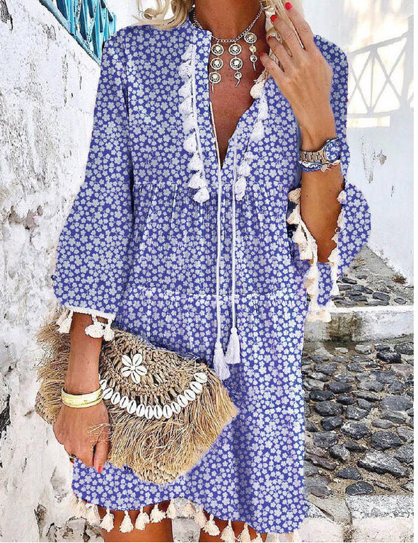 Women V Neck Lace Up Tassel Boho Dress