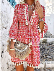 Women V Neck Lace Up Tassel Boho Dress