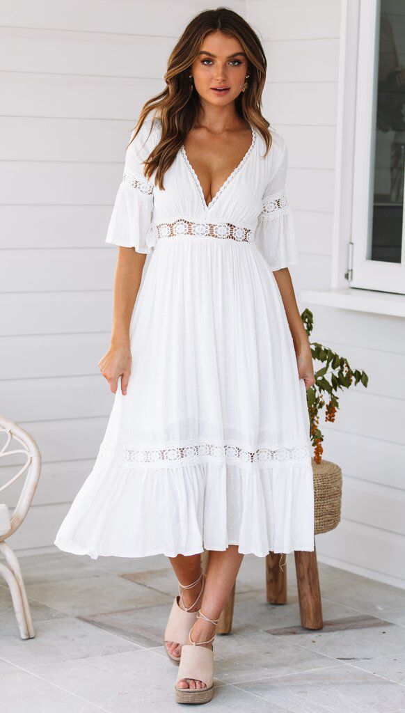 Deep V Lace Embroidery Flare Sleeve Flowing  Summer Dress