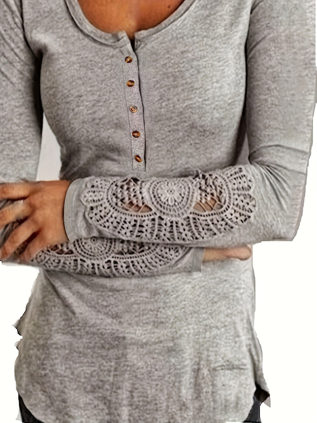 Oversize Plus Size Henley Top, Women's Plus Crochet Lace Long Sleeve Round Neck Slight Stretch Henley Top