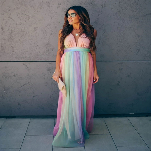 Rainbow Mesh Dress For Women Spaghetti Strap Dress