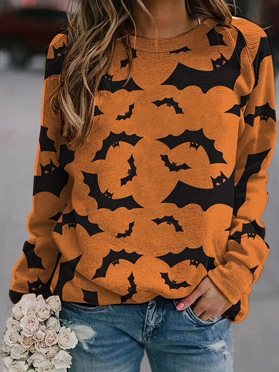Bat Print Crew Neck T-Shirt, Casual Long Sleeve Top For Spring & Fall, Women's Clothing