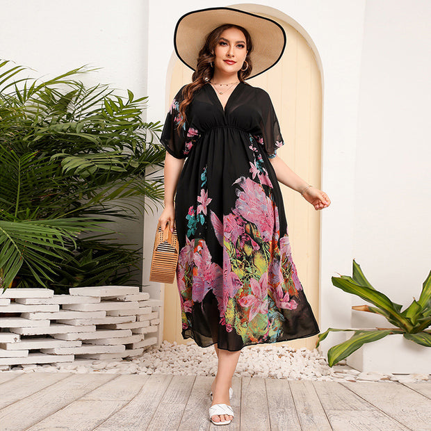 Bohemian Chiffon Floral Print Plus Size Romantic Oversize Beach Dress