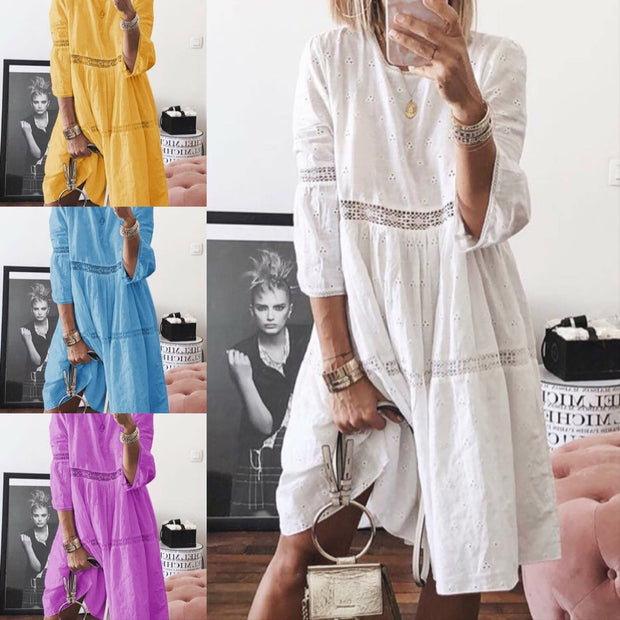 Plus Size Lace Cutout Embroidery Dress Five Colors