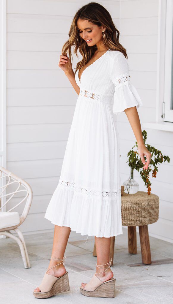 Deep V Lace Embroidery Flare Sleeve Flowing  Summer Dress
