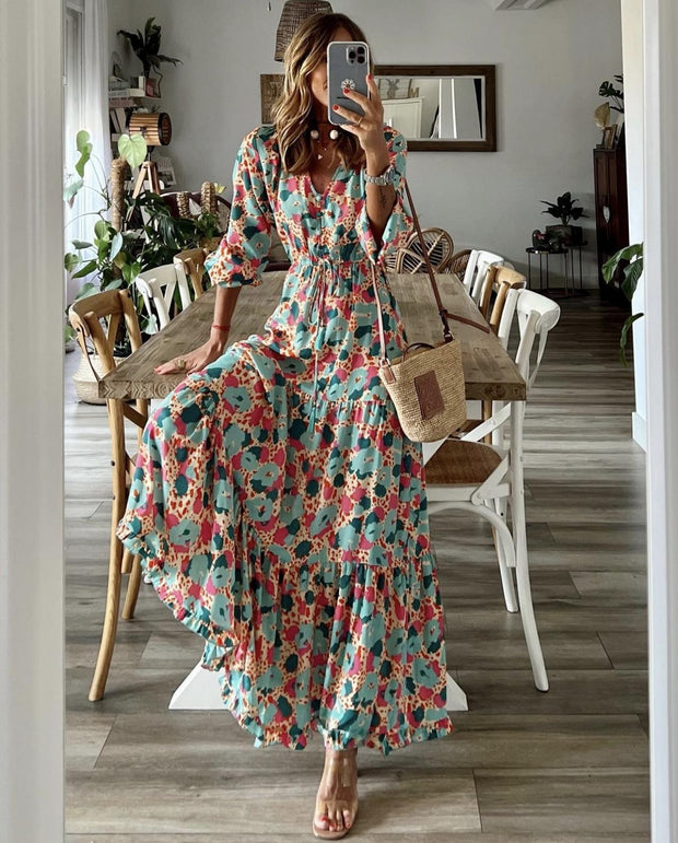 Paisley and Floral Printed Half-sleeved Corset Long Maxi Plus Size Dress