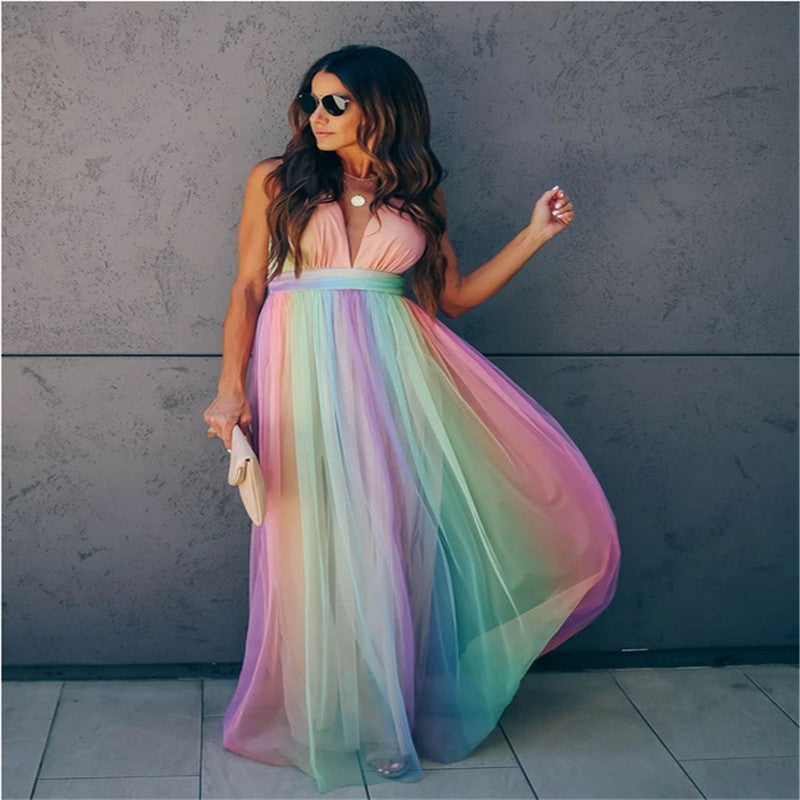 Rainbow Mesh Dress For Women Spaghetti Strap Dress