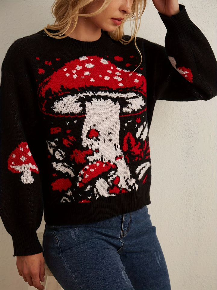 Mushroom Pattern Crew Neck Pullover Sweater, Cute Long Sleeve Fall Winter Sweater, Women's Clothing