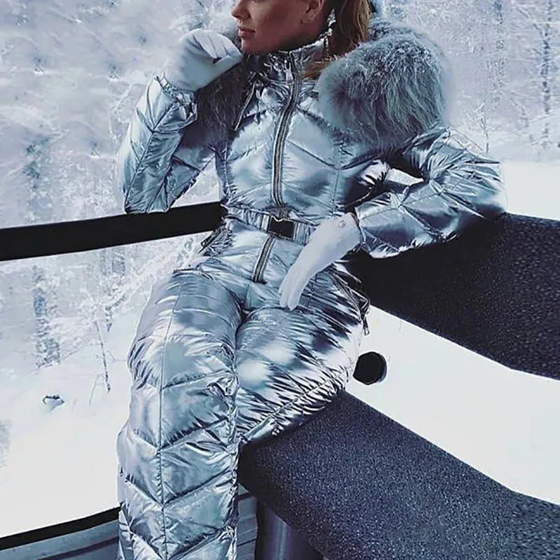 Shiny Silver Gold One-Piece Ski Suit Women Winter Skiing Jumpsuit Snowboarding Suit Female Snow Costumes