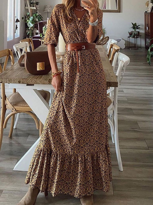 Paisley and Floral Printed Half-sleeved Corset Long Maxi Plus Size Dress