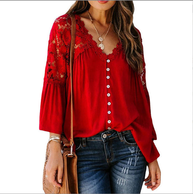 Womens Solid Color V Stitching Breasted Flared Sleeve Top