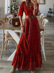 Paisley and Floral Printed Half-sleeved Corset Long Maxi Plus Size Dress