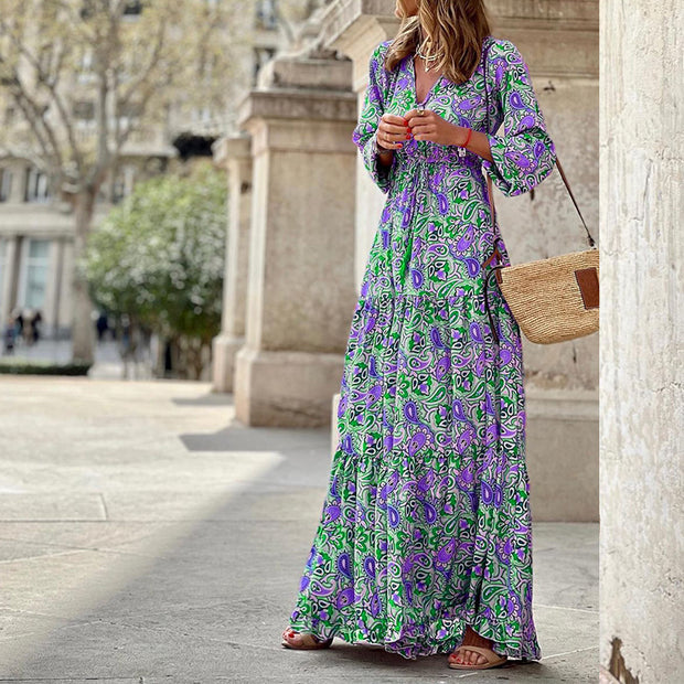 Paisley and Floral Printed Half-sleeved Corset Long Maxi Plus Size Dress