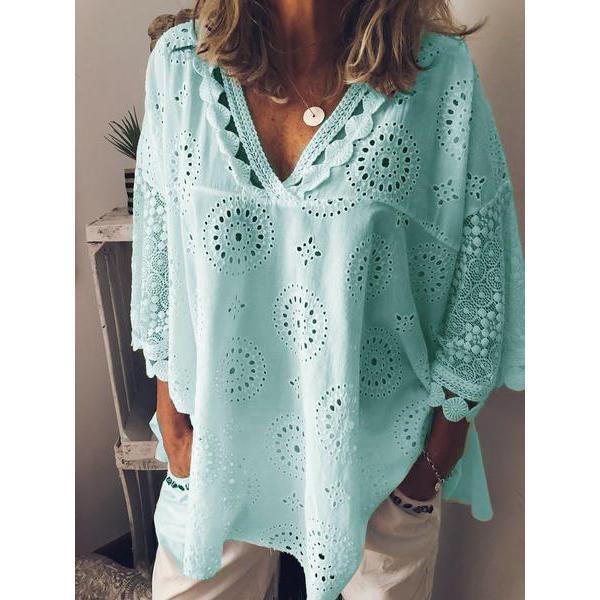 Eyelet Embroidery European Women's Plus Size Shirt In Six Colors